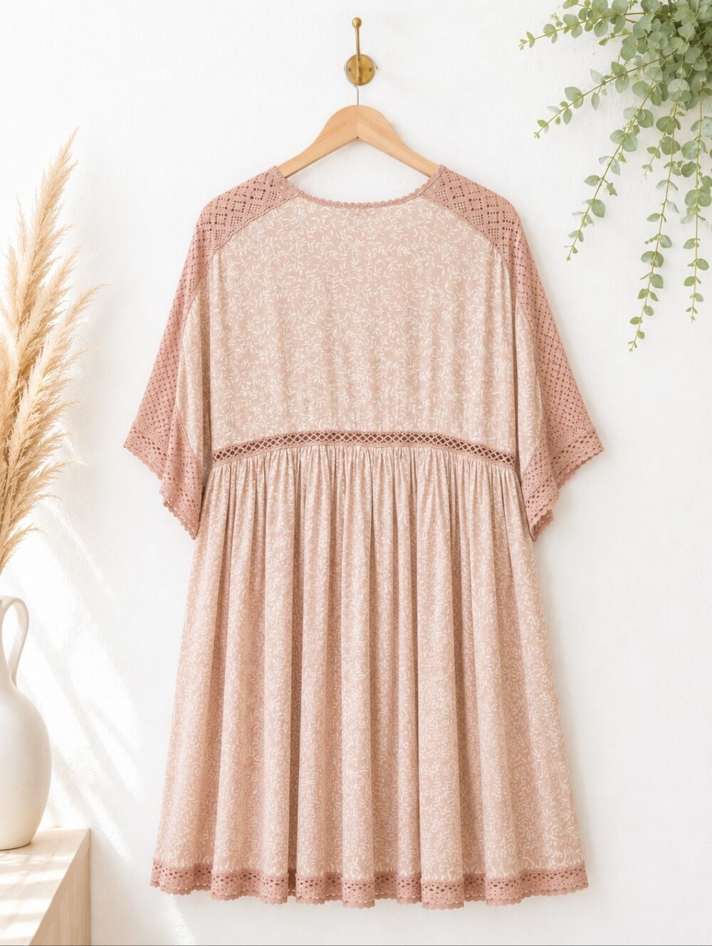Olivaceous Blush Pink Boho Babydoll Dress | Lace Trim Cottagecore | Size S - Picture 6 of 7
